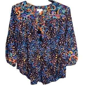 Westbound Women's Boho Multicolor Paisley Tassel-Tie Blouse Top sz M
